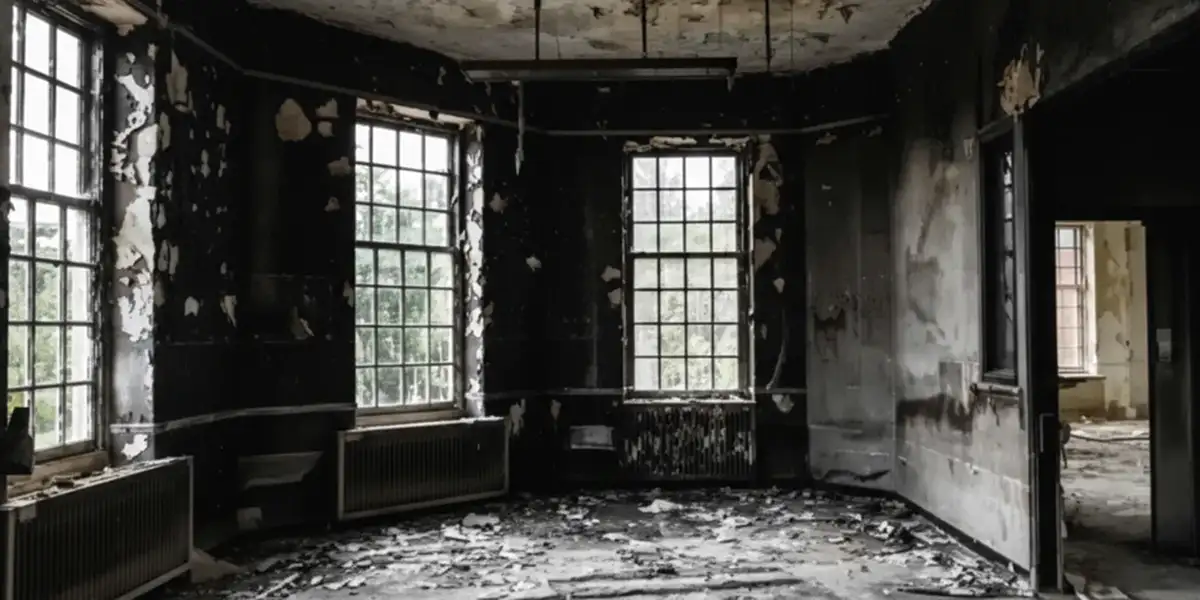 fire damage repair addressing severe interior damage and smoke residue inside a burned home in Sarasota, FL
