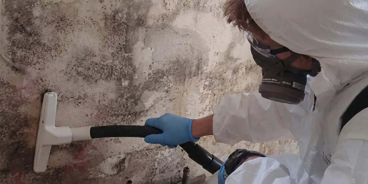 professional mold removal technician wearing protective equipment removing mold from a wall in Sarasota, FL
