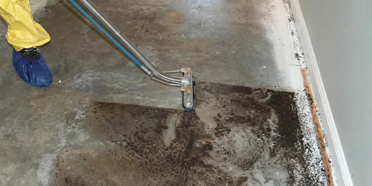 sewage removal technicians extracting contaminated wastewater from a residential floor in Sarasota, FL
